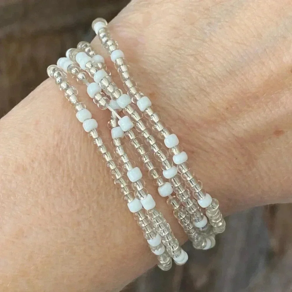 Clear & White Africa Style Seed Bead Waist Beads Stretch Bracelet